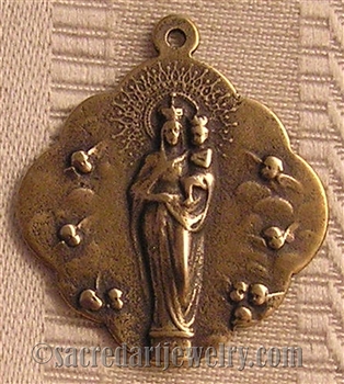 Blessed Mother Medal Queen of Angels 1 1/4" - Catholic religious medals in authentic antique and vintage styles with amazing detail. Large collection of heirloom pieces made by hand in California, US. Available in true bronze and sterling silver
