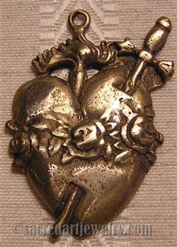 Pierced Heart with Roses Medal 1 1/2" - Catholic religious medals in authentic antique and vintage styles with amazing detail. Large collection of heirloom pieces made by hand in California, US. Available in true bronze and sterling silver