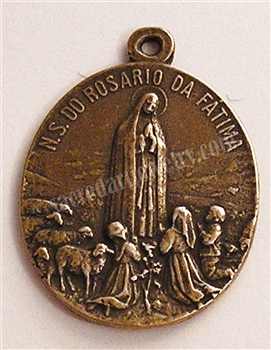 Our Lady of Fatima Medal 1 1/4" - Catholic religious medals in authentic antique and vintage styles with amazing detail. Large collection of heirloom pieces made by hand in California, US. Available in true bronze and sterling silver