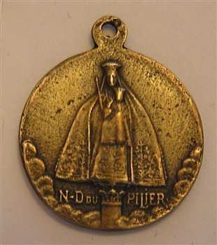 Our Lady of the Pillar Medal 1 1/8" - Catholic religious medals in authentic antique and vintage styles with amazing detail. Large collection of heirloom pieces made by hand in California, US. Available in true bronze and sterling silver