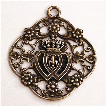 Two Hearts Filigree Pendant 1 3/4" - Catholic religious medals in authentic antique and vintage styles with amazing detail. Large collection of heirloom pieces made by hand in California, US. Available in true bronze and sterling silver.