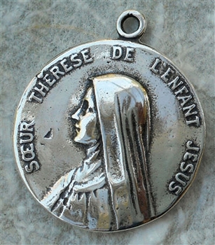 St Therese Medal 7/8" - Catholic religious medals in authentic antique and vintage styles with amazing detail. Large collection of heirloom pieces made by hand in California, US. Available in true bronze and sterling silver