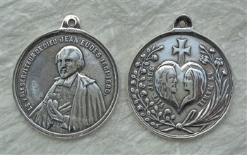 St John Eudes Medal 1 1/4" - Catholic religious medals in authentic antique and vintage styles with amazing detail. Large collection of heirloom pieces made by hand in California, US. Available in true bronze and sterling silver