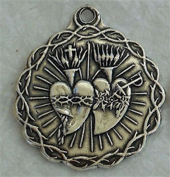 Twin Hearts Medal 1" - Catholic religious medals in authentic antique and vintage styles with amazing detail. Large collection of heirloom pieces made by hand in California, US. Available in true bronze and sterling silver