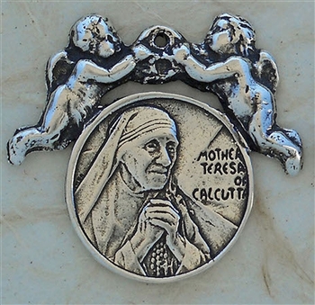 Mother Teresa Medal with Angels 1" - Catholic religious medals in authentic antique and vintage styles with amazing detail. Large collection of heirloom pieces made by hand in California, US. Available in true bronze and sterling silver.