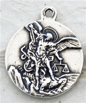 Saint Michael Medallion of St. Michael fighting the Devil - Catholic religious medals in authentic antique and vintage styles with amazing detail. Large collection of heirloom pieces made by hand in California, US.