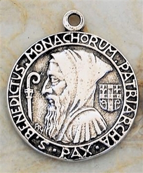 Hooded St. Benedict Prayer Medal 7/8" - Catholic religious medals in authentic antique and vintage styles with amazing detail. Large collection of heirloom pieces made by hand in California, US. Available in sterling silver and true bronze.