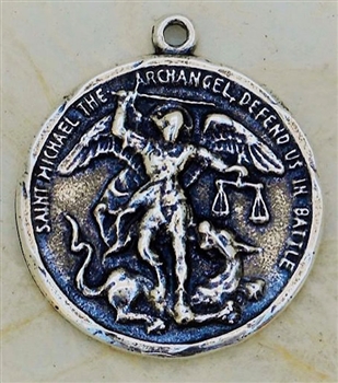 St. Michael Slamming the Devil Medal 1 1/8" - Catholic religious medals in authentic antique and vintage styles with amazing detail. Large collection of heirloom pieces made by hand in California, US. Available in true bronze and sterling silver.