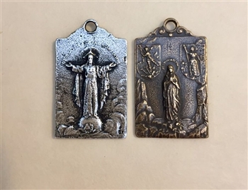Mary and Jesus with 2 Shields bearing St. Michael, Archangel and St. Joan of Arc 1 1/8 - Catholic religious medals in authentic antique and vintage styles with amazing detail. Large collection of heirloom pieces made by hand in California, US. Available