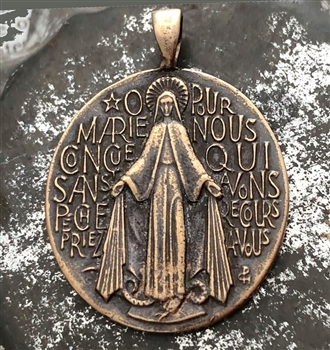 Miraculous Medal 1 5/8" Catholic religious medals in authentic antique and vintage styles with amazing detail. Large collection of heirloom pieces made by hand in California, US. Available in true bronze and sterling silver.