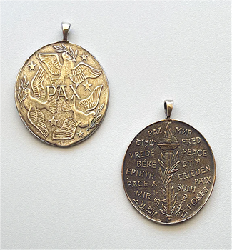 Beautiful 1-1/2" Peace with Doves, Olive Branches, and Stars Medal in Many Languages - Catholic religious medals in authentic antique and vintage styles with amazing detail. Large collection of heirloom pieces made by hand in California, US. Available in