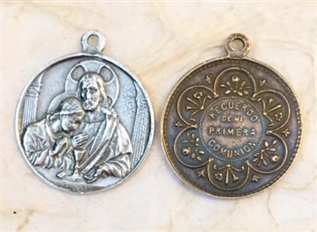 Jesus and St. John the Evangelist/First Communion. 1-1/8 - Catholic religious medals in authentic antique and vintage styles with amazing detail. Large collection of heirloom pieces made by hand in California, US. Available