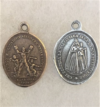 St. Andrew / Mary With Infant Jesus Medal 1 1/4" - Catholic religious medals in authentic antique and vintage styles with amazing detail. Large collection of heirloom pieces made by hand in California, US. Available in sterling silver and bronze.
