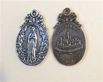 Immaculate Mary/Pilgrimage to Rennes, France, 1-1/8" Medal - Catholic religious medals in authentic antique and vintage styles with amazing detail. Large collection of heirloom pieces made by hand in California, US. Available in true bronze and sterling s