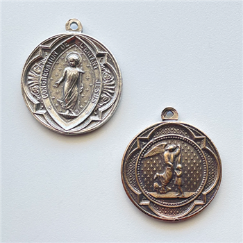 Mary & John Crucifix Medal 2" - Catholic religious medals in authentic antique and vintage styles with amazing detail. Large collection of heirloom pieces made by hand in California, US. Available in true bronze and sterling silver