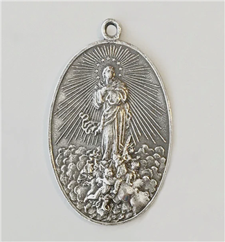Spanish Assumption of Mary with Angels Medal 1 3/4" - The "Assumption of Mary with Angels" medal is a stunning piece of religious art, depicting the beloved mother of Jesus ascending into heaven surrounded by angels. Measuring 1-3/4 inches in diameter, t