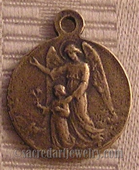 Guardian Angel Medal 7/8" - Catholic religious medals in authentic antique and vintage styles with amazing detail. Large collection of heirloom pieces made by hand in California, US. Available in sterling silver and true bronze