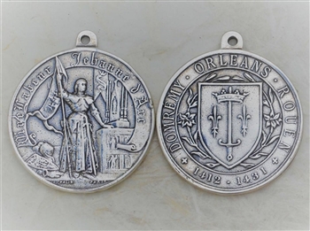 Joan of Arc Medal Large 1 1/2" - Catholic religious medals in authentic antique and vintage styles with amazing detail. Large collection of heirloom pieces made by hand in California, US. Available in true bronze and sterling silver.