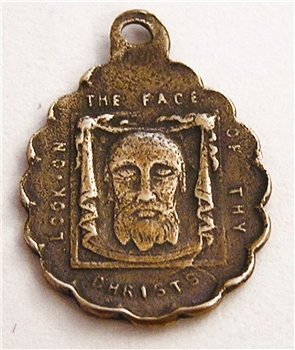 Veiled Face of Jesus Medal 3/4" - Catholic religious medals in authentic antique and vintage styles with amazing detail. Large collection of heirloom pieces made by hand in California, US. Available in sterling silver and true bronze
