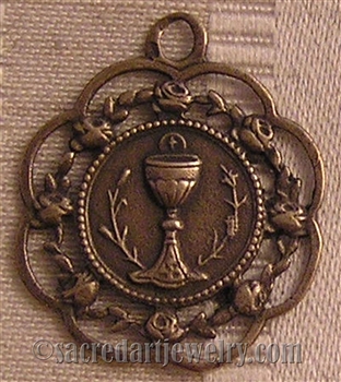 Eucharist Rose Frame Medal 1" - Catholic religious medals in authentic antique and vintage styles with amazing detail. Large collection of heirloom pieces made by hand in California, US. Available in sterling silver and true bronze