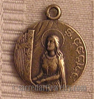 Saint Cecile Medal 7/8" - Catholic religious medals in authentic antique and vintage styles with amazing detail. Large collection of heirloom pieces made by hand in California, US. Available in true bronze and sterling silver.
