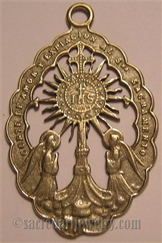 Monstrance Medallion 2 3/8" - Catholic religious Corte de Amor medals in authentic antique and vintage styles with amazing detail. Large collection of heirloom pieces made by hand in California, US. Available in true bronze and sterling silver.