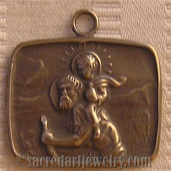 Saint Christopher Medal 1" - Catholic religious medals in authentic antique and vintage styles with amazing detail. Large collection of heirloom pieces made by hand in California, US. Available in true bronze and sterling silver.