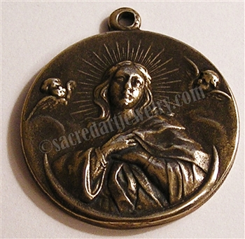 Mary Queen of Angels Medal 1 1/2" - Catholic religious medals in authentic antique and vintage styles with amazing detail. Large collection of heirloom pieces made by hand in California, US. Available in true bronze and sterling silver.