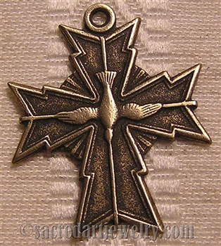 Holy Spirit Cross Medal 1" - Catholic religious medals in authentic antique and vintage styles with amazing detail. Large collection of heirloom pieces made by hand in California, US. Available in true bronze and sterling silver.