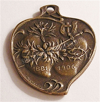 Twin Hearts Medal 1" - Catholic religious medals in authentic antique and vintage styles with amazing detail. Large collection of heirloom pieces made by hand in California, US. Available in true bronze and sterling silver.