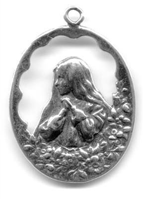 Virgin Mary with Flowers Medal 1 1/4" - Catholic religious medals in authentic antique and vintage styles with amazing detail. Large collection of heirloom pieces made by hand in California, US. Available in true bronze and sterling silver.