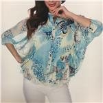 LINDI Light Blue Multicolored Retro Floral Print Packable Stretch Tunic Top