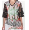 LINDI Pink And Black Packable Stretch Retro Swirl Print V-Neck Tunic Top