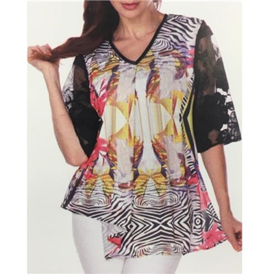 LINDI Multicolored Stretch Retro Swirl Print V-Neck Tunic Top