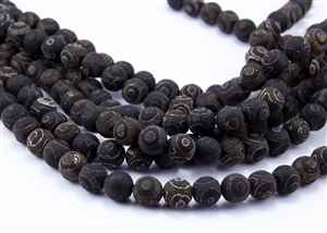 10mm Natural Agate Tibetan Style Dzi Round Beads - Crackle Dark Browns / Black Eyes