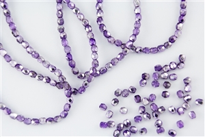 4mm Firepolish Czech Glass Beads - Crystal Purple 1/2 Coat Silver