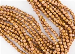 4mm Firepolish Czech Glass Beads - Gold Travertine Copper Stone Luster