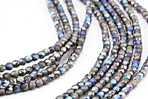 4mm Firepolish Czech Glass Beads - Etched Crystal Glittery Graphite Rainbow