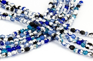 4mm Firepolish Czech Glass Beads - Etched Silver Coat Blue Tones Mix