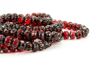 9x6mm Czech Glass Cruller Beads - Transparent Ruby Picasso
