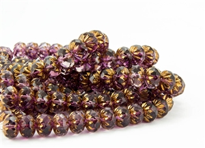 9x6mm Czech Glass Cruller Beads - Transparent Light Amethyst Goldish Bronze Coat