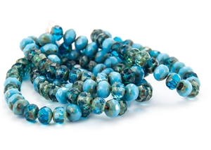 7x5mm Czech Glass Beads Faceted Rondelles - Aqua Picasso Mix
