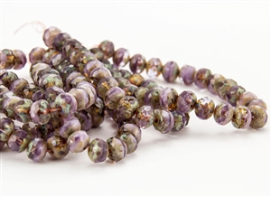 7x5mm Czech Glass Beads Faceted Rondelles - Purple Shades Picasso