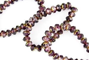 8x6mm Czech Glass Beads Faceted Rondelles - Amethyst Brass Picasso Luster