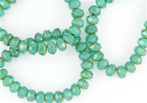 8x6mm Czech Glass Beads Faceted Rondelles - Milky Opalite Green Aqua