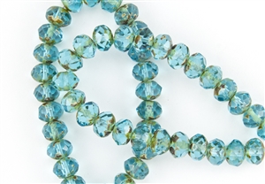 8x6mm Czech Glass Beads Faceted Rondelles - Aqua Picasso