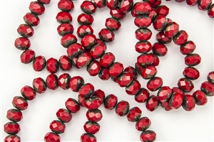 8x6mm Czech Glass Beads Faceted Rondelles - Coral Red Picasso