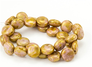 10mm Lentils Czech Glass Beads - Opaque Pale Pink Gold Topaz Luster