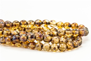 6mm Czech Glass Round Spacer Beads - Amber Picasso