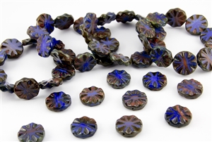 18mm Carved Flower Coin Czech Glass Beads - Blue and Coral Picasso